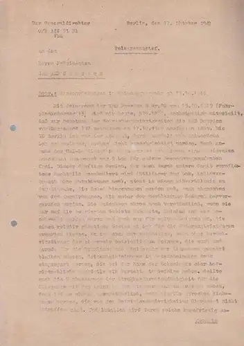 Eisenbahnwesen: Telegrammbrief vom 17. 10. 1949 des Generaldirektors 0 / E III 31 Bl Vbü an den Präsidenten der RBD Dresden   betr.: Einschränkungen.. 