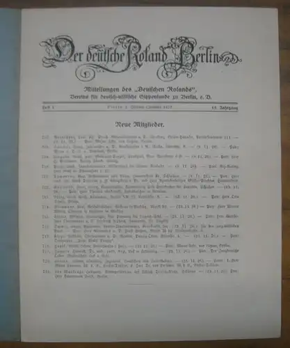 Deutsche Roland Berlin, Der: Der deutsche Roland Berlin. 15. Jahrgang. Heft 1. 1. Hartung (Januar) 1927. Mitteilungen des "Deutschen Rolands". Vereins für deutsch-völkische Sippenkunde zu...