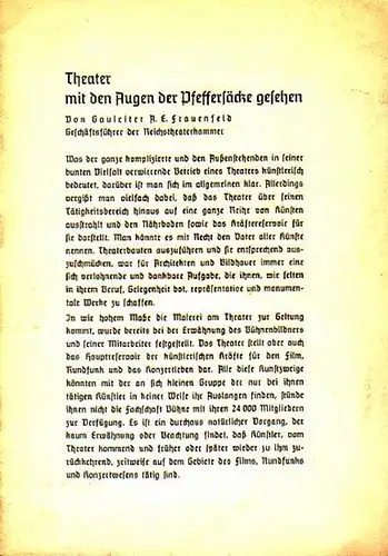 Deutsches Volkstheater Erfurt - Frauenfeld, A.E: Theater mit den Augen der Pfeffersäcke gesehen. Aus "Der Weg zur Bühne". Mit den Anrechtsangeboten der Städtischen Bühnen, Deutsches Volkstheater Erfurt für die Spielzeit 1940 / 41. 