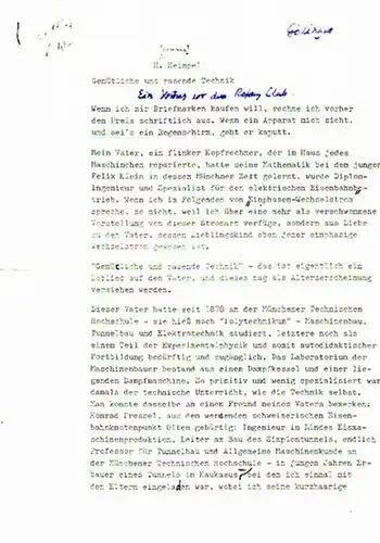 Eisenbahn. - Heimpel, H[ermann]: Gemütliche und rasende Technik. Ein Vortrag vor dem Rotary Club. 