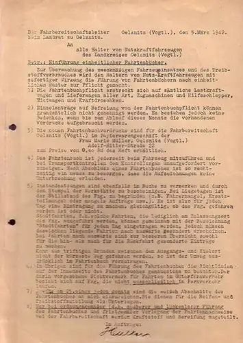 Fahrtenbuch, Betr.: Einführung einheitlicher Fahrtenbücher. Unterzeichnet vom Fahrbereitschaftsleiter beim Landrat zu Oelsnitz / Vogtl.) am 5. März 1942