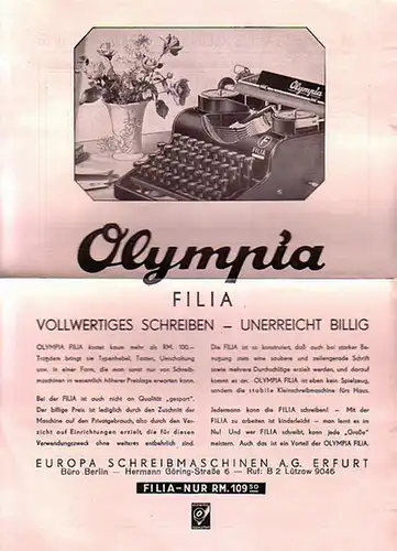 Europa Schreibmaschine: Europa Schreibmaschinen A.G. Erfurt / Büro Berlin  -"Olympia - Filia" - die stabile Kleinstschreibmaschine - Vollwertiges schreiben - unerreicht billig. 