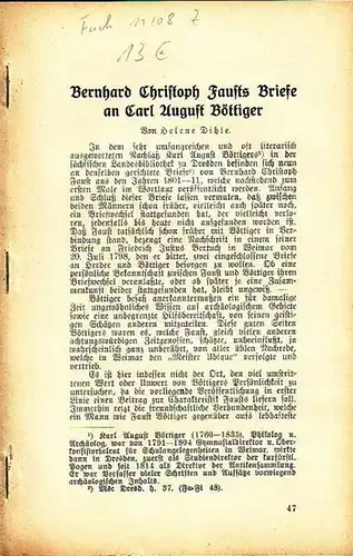 Faust, Bernhardt Christoph (1755-1842). - Dihle, Helene: Bernhard Christoph Fausts Briefe an Carl August Böttiger (1760-1835). Aus: Mitteilungen des Vereins für Schaumburg-Lippische Geschichte, Altertümer- und Landeskunde, Heft 6, 1934. 