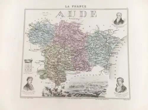 Frankreich / France. - Migeon, J: La France. Konvolut von 25 gestoch. u. kolor. Departements-Karten aus einem Atlas. Vorhanden sind bei uns 25 Bl. aus der inkonsequent bezifferten Folge 10/11-80/81 incl. "67 bis" (oft 1 Karte mit 2 Nrn.!): 1) Aude. 2)  Ch