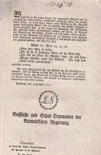 Freiheitskriege   Circular: Freiheitskriege   Geistliche und Schul Deputation der Kurmärkschen Regierung: Circulare an sämmtliche Herrn Superintendenten und Prediger in der Kurmark. C.283.. 