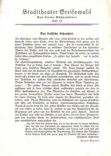 Stadttheater Greifswald - F.Schiller / Koch (Int.) / Suhr (Regie) / Kneer (Hrsg.): Stadttheater Greifswald - Das kleine Bühnenblatt 1941 / 1942 Präsentiert das Drama "Don Carlos". Herausgegeben von Dr.Claus Dietrich Koch und Hans Kneer. 