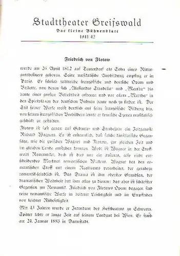 Stadttheater Greifswald - F.v.Flotow / Koch (Int.Regie) / Kneer (Hrsg.): Stadttheater Greifswald - Das kleine Bühnenblatt 1941 / 1942 Präsentiert die Oper "Martha". Herausgegeben von Dr.Claus Dietrich Koch und Hans Kneer. 