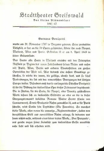 Stadttheater Greifswald - Das kleine Bühnenblatt 1941 / 1942 Präsentiert die Komische Oper "Don Pasquale". Herausgegeben von Dr.Claus Dietrich Koch und Hans Kneer