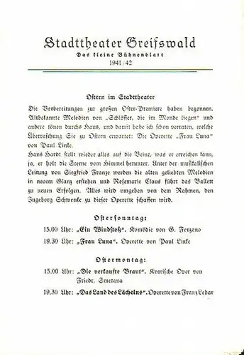Stadttheater Greifswald - Das kleine Bühnenblatt 1941 / 1942 Präsentiert die Komödie "Ein Winddtoß". Herausgegeben von Dr.Claus Dietrich Koch und Hans Kneer