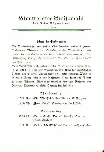 Stadttheater Greifswald - G.Forzano / Koch (Int.) / Kneer (Hrsg.): Stadttheater Greifswald - Das kleine Bühnenblatt 1941 / 1942 Präsentiert die Komödie "Ein Winddtoß". Herausgegeben von Dr.Claus Dietrich Koch und Hans Kneer. 