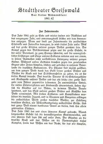 Stadttheater Greifswald - Das kleine Bühnenblatt 1941 / 1942 Präsentiert die Oper "Tosca". Herausgegeben von Dr.Claus Dietrich Koch und Hans Kneer
