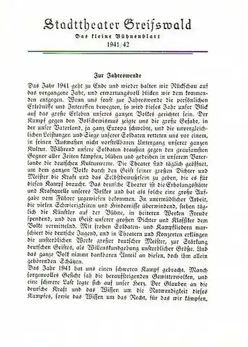 Stadttheater Greifswald - G.Puccini / Koch (Int.) / Hardt (Regie) / Kneer (Hrsg.): Stadttheater Greifswald - Das kleine Bühnenblatt 1941 / 1942 Präsentiert die Oper "Tosca". Herausgegeben von Dr.Claus Dietrich Koch und Hans Kneer. 