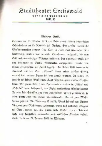 Stadttheater Greifswald - Das kleine Bühnenblatt 1941 / 1942 Präsentiert die Oper "Ein Maskenball". Herausgegeben von Dr.Claus Dietrich Koch und Hans Kneer
