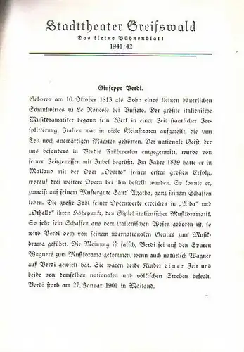 Stadttheater Greifswald - G.Verdi / Koch (Int.Regie) / Kneer (Hrsg.): Stadttheater Greifswald - Das kleine Bühnenblatt 1941 / 1942 Präsentiert die Oper "Ein Maskenball". Herausgegeben von Dr.Claus Dietrich Koch und Hans Kneer. 