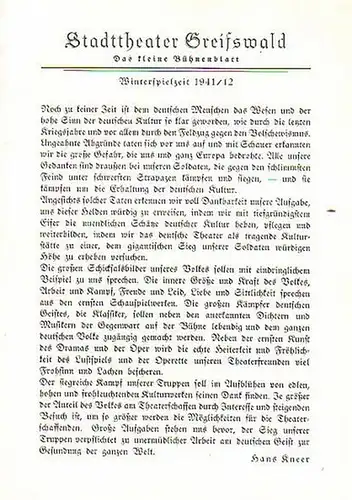 Stadttheater Greifswald - Das kleine Bühnenblatt 1941 / 1942 Präsentiert die Komödie "100 Millionen Dollars". Herausgegeben von Dr.Claus Dietrich Koch und Hans Kneer