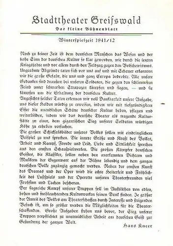 Stadttheater Greifswald - H.Coubier / Koch (Int.) / Suhr (Regie) / Kneer (Hrsg.): Stadttheater Greifswald - Das kleine Bühnenblatt 1941 / 1942 Präsentiert die Komödie "100 Millionen Dollars". Herausgegeben von Dr.Claus Dietrich Koch und Hans Kneer. 