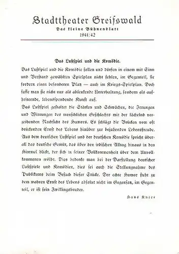 Stadttheater Greifswald - Das kleine Bühnenblatt 1941 / 1942 Präsentiert das Lustspiel "Der Etappenhase". Herausgegeben von Dr.Claus Dietrich Koch und Hans Kneer
