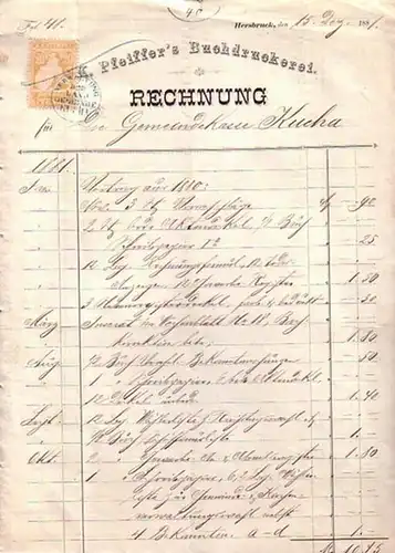 Gemeinde Kucha. - K. Pfeiffer Buchdruckerei, Rechnung der Firma K. Pfeiffer´s Buchdruckerei für die Gemeindekasse Kucha vom 15. Dezember 1881, betreffend den Vertrag aus 1880 über diverse Bekanntmachungen und Anzeigen