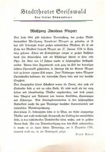 Stadttheater Greifswald - Das kleine Bühnenblatt 1941 Präsentiert die Oper "Die Zauberflöte". Herausgegeben von Dr.Claus Dietrich Koch und Hans Kneer