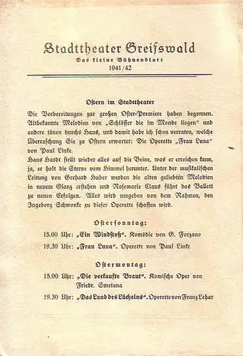 Stadttheater Greifswald - Das kleine Bühnenblatt 1941 / 1942 Präsentiert die SchwankOperette "Die tolle Komteß". Herausgegeben von Dr.Claus Dietrich Koch und Hans Kneer