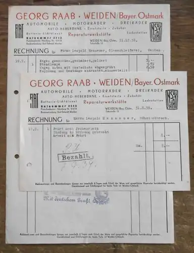 2 Rechnungen der Reparaturwerkstatt Georg Raab aus Weiden vom 31. 12. 38 und 31. 8. 39 an Glasschleiferei Leopold Hannauer für Reparaturleistung mit Nennung der ausgeführten Arbeiten