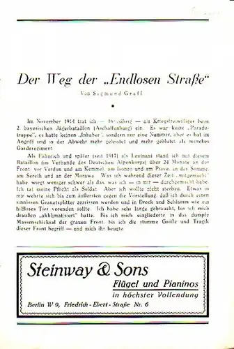 Programm Heft zu 'Die endlose Straße'. Ein Frontstück in vier Bildern. Regie: Leopold Lindtberg. Bühnenbilder:Traugott Müller.  Mitwirkende: Walter Franck, Fritz Genschow, Carl Hannemann, Erik.. 