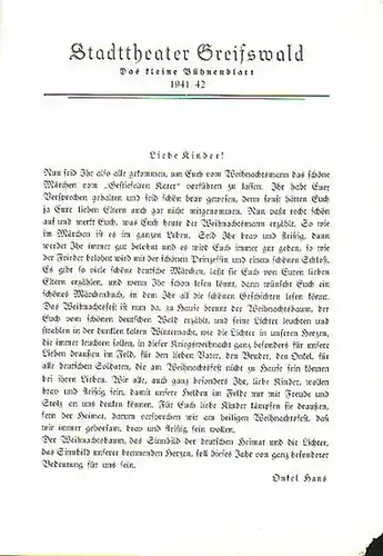 Stadttheater Greifswald - Das kleine Bühnenblatt 1941 / 1942 Präsentiert das Märchenspiel "Der gestiefelte Kater". Herausgegeben von Dr.Claus Dietrich Koch und Hans Kneer