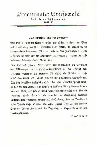 Stadttheater Greifswald - Das kleine Bühnenblatt 1941 / 1942 Präsentiert die Komödie "Ingeborg". Herausgegeben von Dr.Claus Dietrich Koch und Hans Kneer