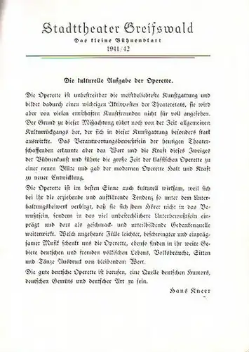 Stadttheater Greifswald - F.Lehar / Koch (Int.) / Hardt(Regie) / Kneer (Hrsg.): Stadttheater Greifswald - Das kleine Bühnenblatt 1941 / 1942 Präsentiert die Operette "Der Zarewitsch". Herausgegeben von Dr.Claus Dietrich Koch und Hans Kneer. 