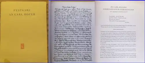 Hofer - Behne, Adolf ; Strauss, Gerhard (Hrsg.): Festgabe an Carl Hofer zum siebzigsten Geburtstag. Hrsg von Gerhard Strauss gemeinsam mit Heinrich Ehmsen, Hermann Henselmann, Werner E. Stichnote. 11. Oktober 1947. 