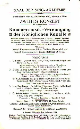 Programmzettel zum Konzert der Kammermusik   Vereinigung der Königlichen Kapelle in der Besetzung: Robert Kahn, Adalbert Gülzow, Walter Cavallery, Max Freund, Paul Treff, Gustav.. 