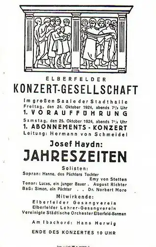 Stadthalle Elberfeld   Großer Saal / Programm   Zettel der Elberfelder Konzert   Gesellschaft zu dem Konzert am 24. und 25. Oktober.. 