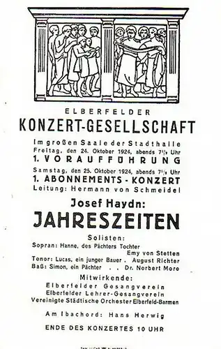 Stadthalle Elberfeld. - Haydn, Josef: Stadthalle Elberfeld - Großer Saal / Programm - Zettel der Elberfelder Konzert - Gesellschaft zu dem Konzert am 24. und...
