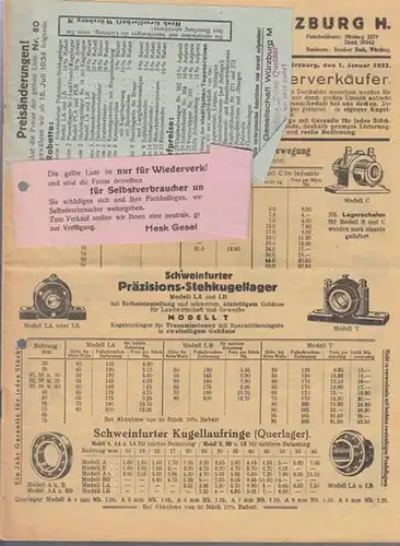 HESK - Gesellschaft, Würzburg H: Nettopreisliste Nr. 80 für Wiederverkäufer vom 1. Januar 1933. - Inhalt : Preise von Maschinen, Kugellagern, Transmissionen, Werkzeugen und Schrauben. 