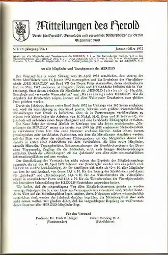 Herold, Der.   Eckart Henning (Schriftleiter): Der Herold. Mitteilungen des Vereins für Heraldik, Genealogie und verwandte Wissenschaften zu Berlin. N. F. Jahrgang 1.. 