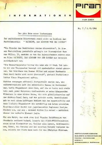 Hladnik, Bostjan (1929-2006): Pressetext von Piran, Film-GmbH und schwarz-weißes Szenenfoto zu 'Maibritt, das Mädchen von der Insel' 1964, mit Gunnar Möller, Jane Axell u.a. in der Regie von Bostjan Hladnik. 