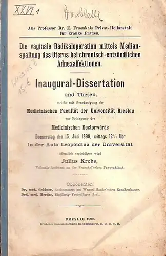 Krebs, Julius: Die vaginale Radikaloperation mittels Medianspaltung des Uterus bei chronisch - entzündlichen Adnexaffektionen. Dissertation an der Universität Breslau,1899. 