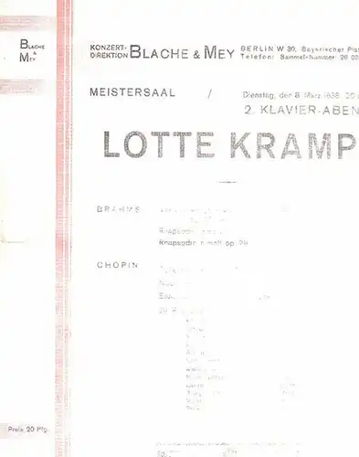 Kramp, Lotte: Programm - Zettel zum 2. Klavier - Abend  von Lotte Kramp auf 8. März 1938 im Meistersaal, Berlin. Auf dem Programm: Brahms:...
