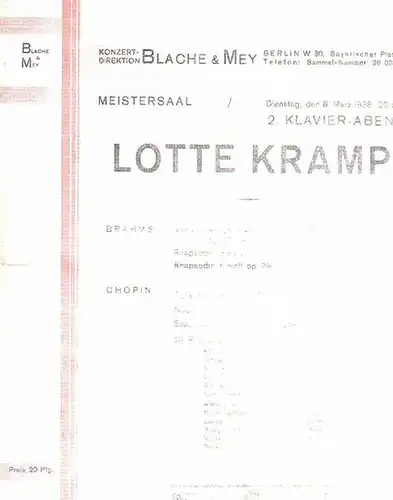 Programm   Zettel zum 2. Klavier   Abend  von Lotte Kramp auf 8. März 1938 im Meistersaal, Berlin. Auf dem Programm: Brahms:.. 