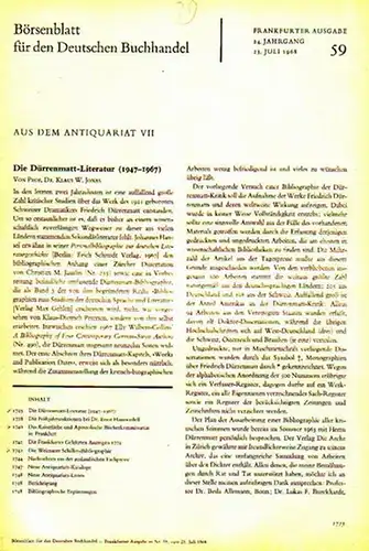 Jonas, K. W. / Rosenfeld, H. / Carlsohn, E. / u.a. - Börsenblatt für den Deutschen Buchhandel - Aus dem Antiquariat: Die Dürrenmatt-Literatur (1947-1967) //...