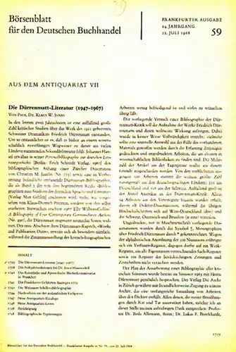 Jonas, K. W. / Rosenfeld, H. / Carlsohn, E. / u.a.   Börsenblatt für den Deutschen Buchhandel   Aus dem Antiquariat: Die Dürrenmatt.. 