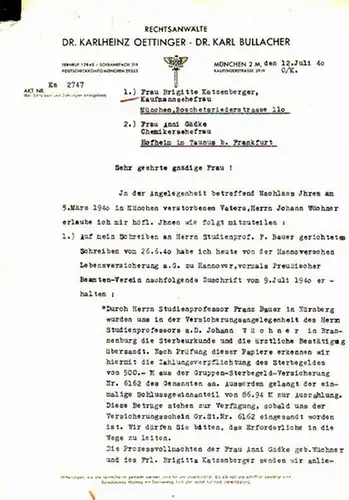 Katzenberger, Rudolf // Wüchner, 2 Schreiben von Rechtsanwälten sowie Ahnenreihe des Fhjk. Gefr. Rudolf Katzenberger, geb. 22.12.1924