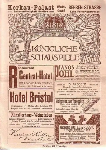 Königliche Schauspiele 1911. Zeitschrift für Theater und Kultur. aus dem Inhalt u.a.: Otto Grund: Schummels erster Theaterbesuch. Werbeanzeigen, Besetzungsliste der Aufführung "Die Hugenotten". Große Oper.. 
