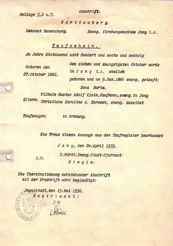 Klein, Abschrift: Abschrift des Taufscheins für Emma Maria Klein, geboren am 27. Oktober 1866, getauft am 9. Dezember 1866 in Württemberg, Dekanat Ravensburg, Isny. Gestempelt und unterzeichnet am 20. April 1935