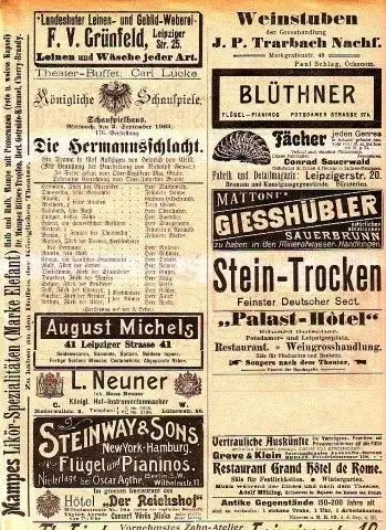 Programmzettel zu: Die Hermannsschlacht. Drama in fünf Aufzügen. Mit Benutzung der Bearbeitung von Rudolph Genée. Regie: Max Grube. Mitwirkende: Herr Matkowsky, Fräulein Poppe, Herr Oberländer.. 
