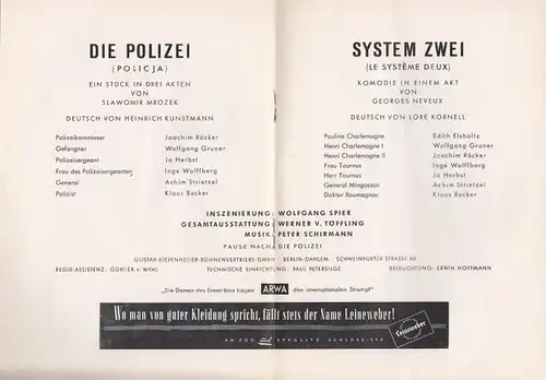 Die Polizei. System zwei. Berliner Theater, Programmheft. Insz.: Wolfgang Spier, mit u.a.: Wolfgang Gruner, Joachim Röcker, Jo Herbst, Edith Elsholtz, Inge Wolffberg / Über die.. 