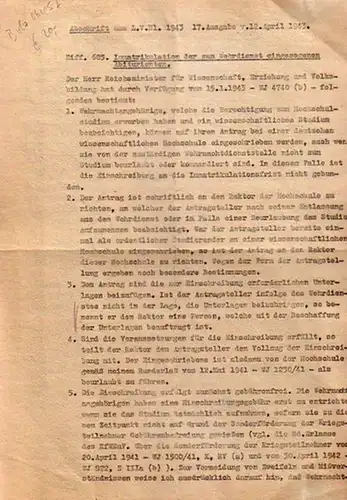 L.V. Bl. 1943, Abschrift aus L.V. Bl. 1943 17. Ausgabe v. 12. April 1943. Ziff. 685. Immatrikulation der zum Wehrdienst eingezogenen Abiturienten