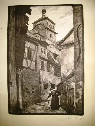 Lange, Kurt: Ohne Titel [Fachwerkhäuser mit Turm und Frau]. 