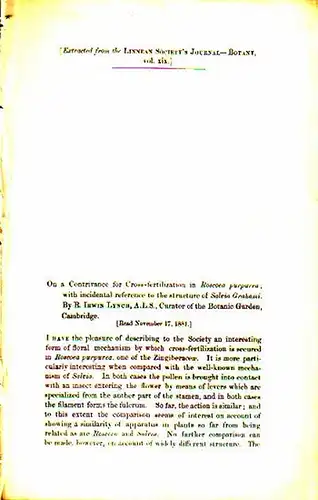 Lynch, R. Irwin: On a Contrivance for Cross-fertilization in Roscoea purpurea; with incidental reference to the structure of Salvia Grahami. Read November 17, 1881. Extracted from the Linnean Society´s Journal-Botany, Vol. XIX. 