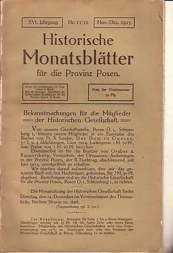 Prümers, Rodgero (Herausgeber): Historische Monatsblätter für die Provinz Posen. Jahrgang XVI, Nr. 11 / 12 (November / Dezember) 1915. Im Inhalt: K. Kassel 'Ein ärztliches...